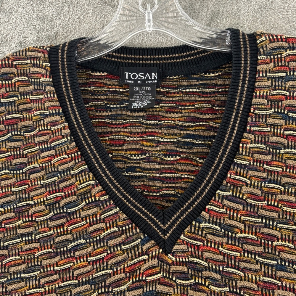 Vintage Tosani V-Neck Sweater mens 2XL Multicolor Grandpa‎ Coogi Style Pullover - Picture 4 of 6